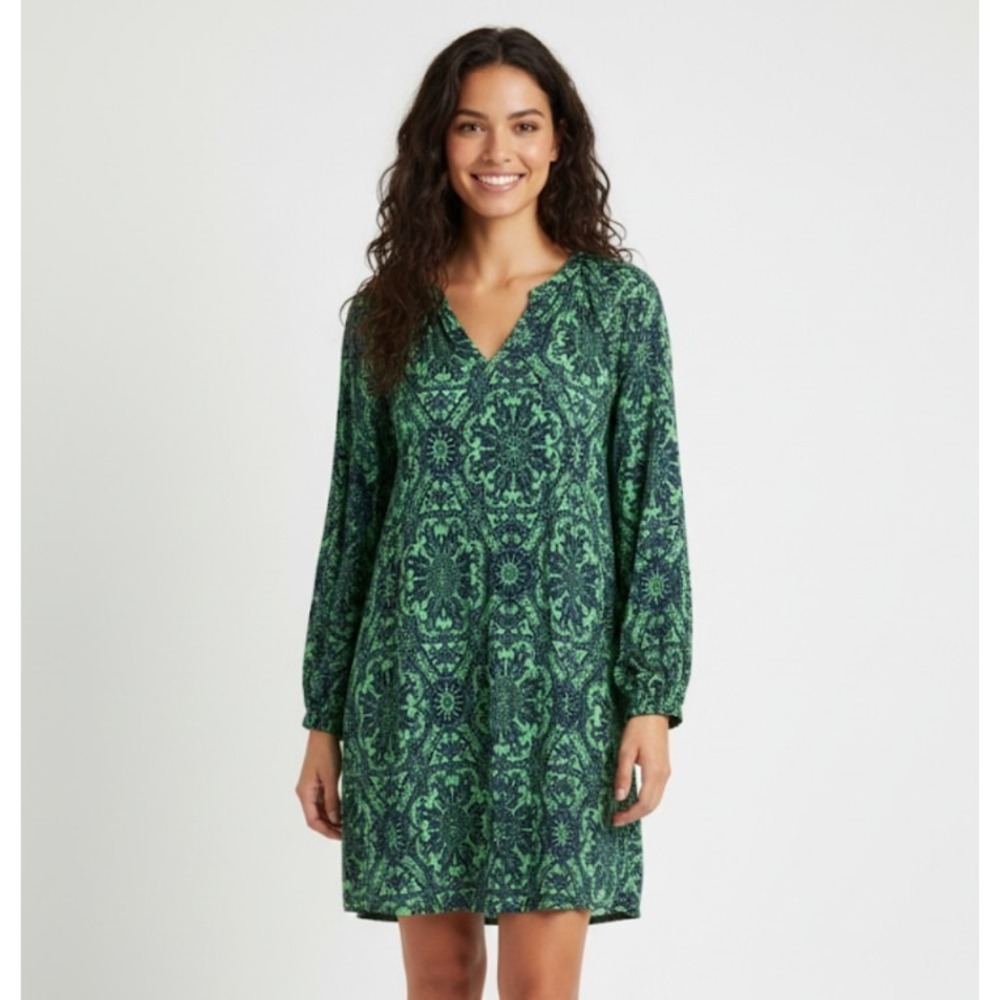 Loft Tunic Shirt Womens Medium Green Navy Boho Print Long Sleeve Top Blouse